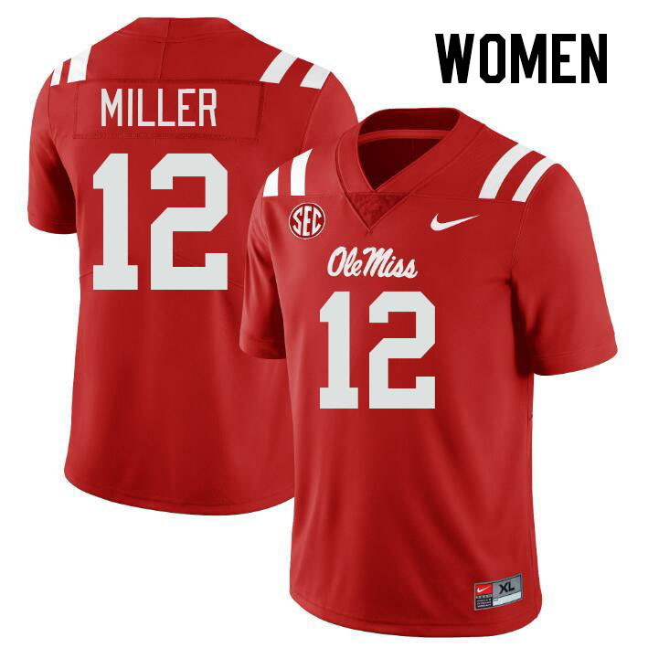 Women #12 Jett Miller Ole Miss Rebels College Football Jerseys Stitched-Red